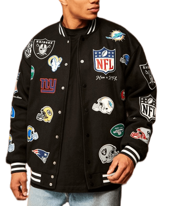 Nfl Oversized Melton Multi Badge Bomber Jacket