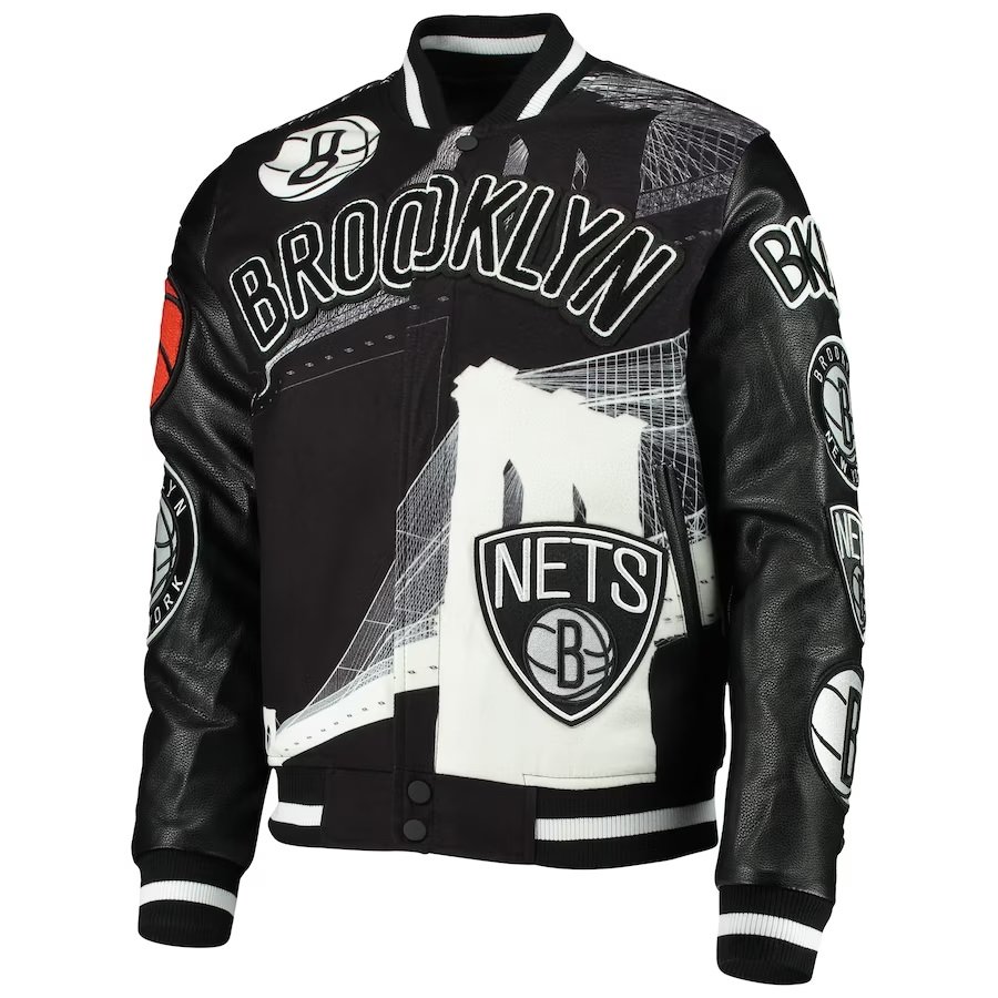 Brooklyn Nets Black Bomber Varsity Full-Zip Jacket