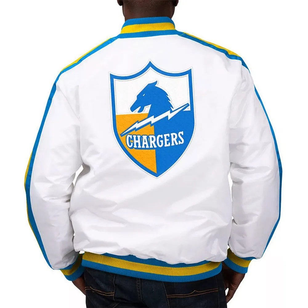 LA Chargers The D-Line White Satin Varsity Jacket