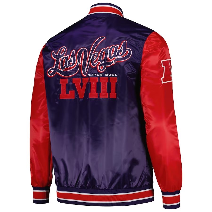 Las Vegas Super Bowl LVIII Purple and Red Satin Varsity Jacket