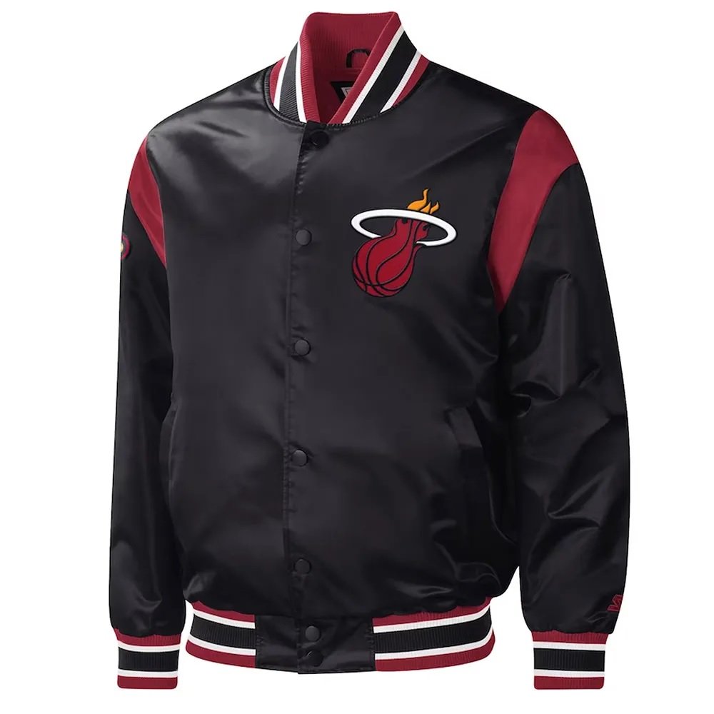 Black Miami Heat Force Play Varsity Satin Jacket