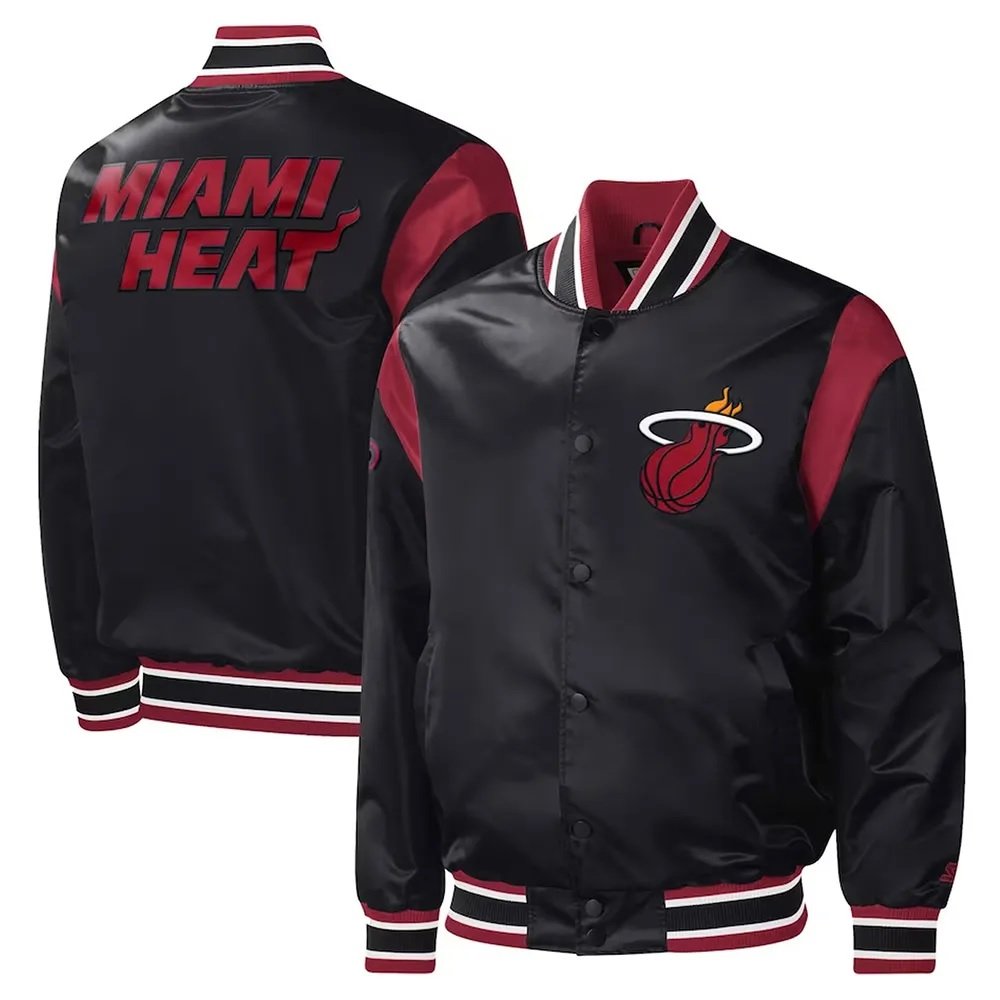 Black Miami Heat Force Play Varsity Satin Jacket
