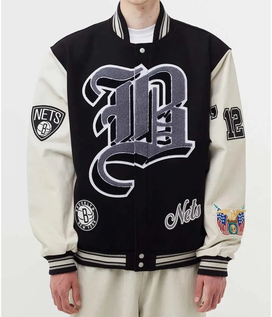 Brooklyn Nets 12 Letterman Black Wool and Leather Jacket