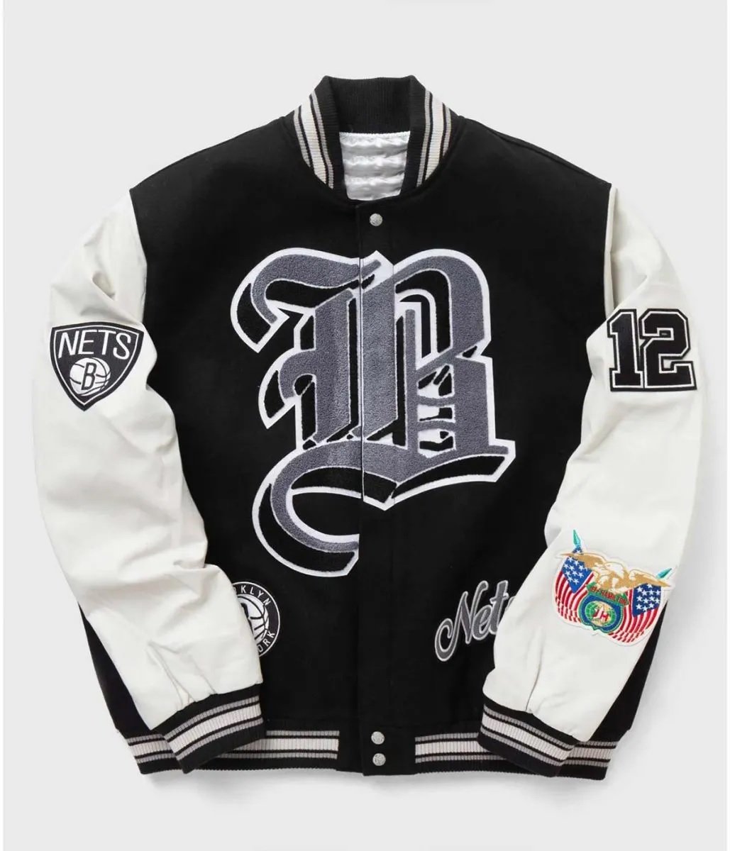 Brooklyn Nets 12 Letterman Black Wool and Leather Jacket