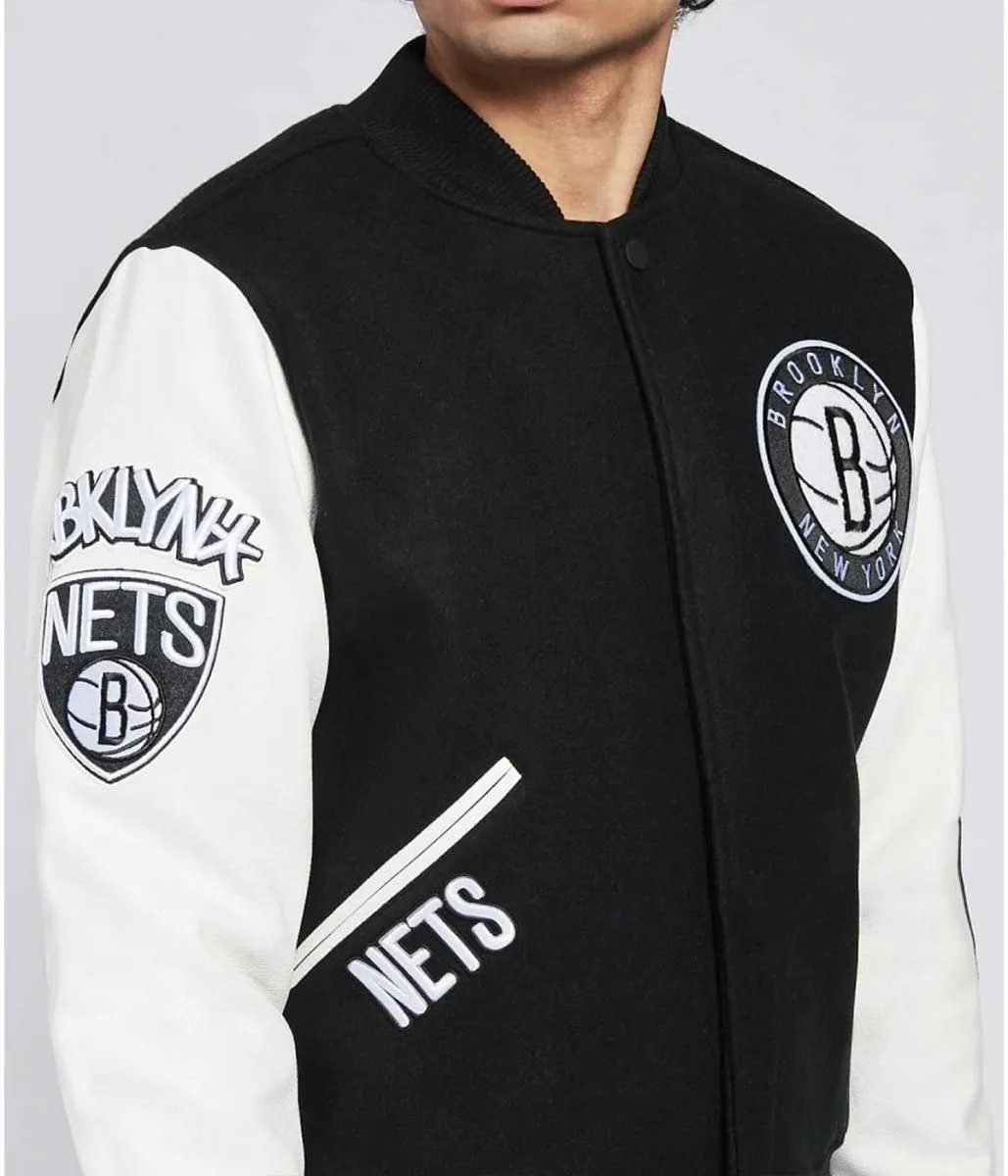 Brooklyn Nets Logo Black and White Letterman Jacket