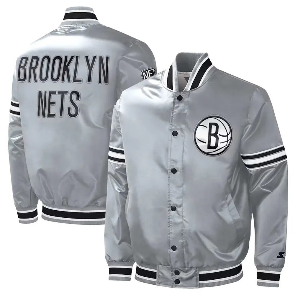 Brooklyn Nets Slider Gray Varsity Satin Jacket