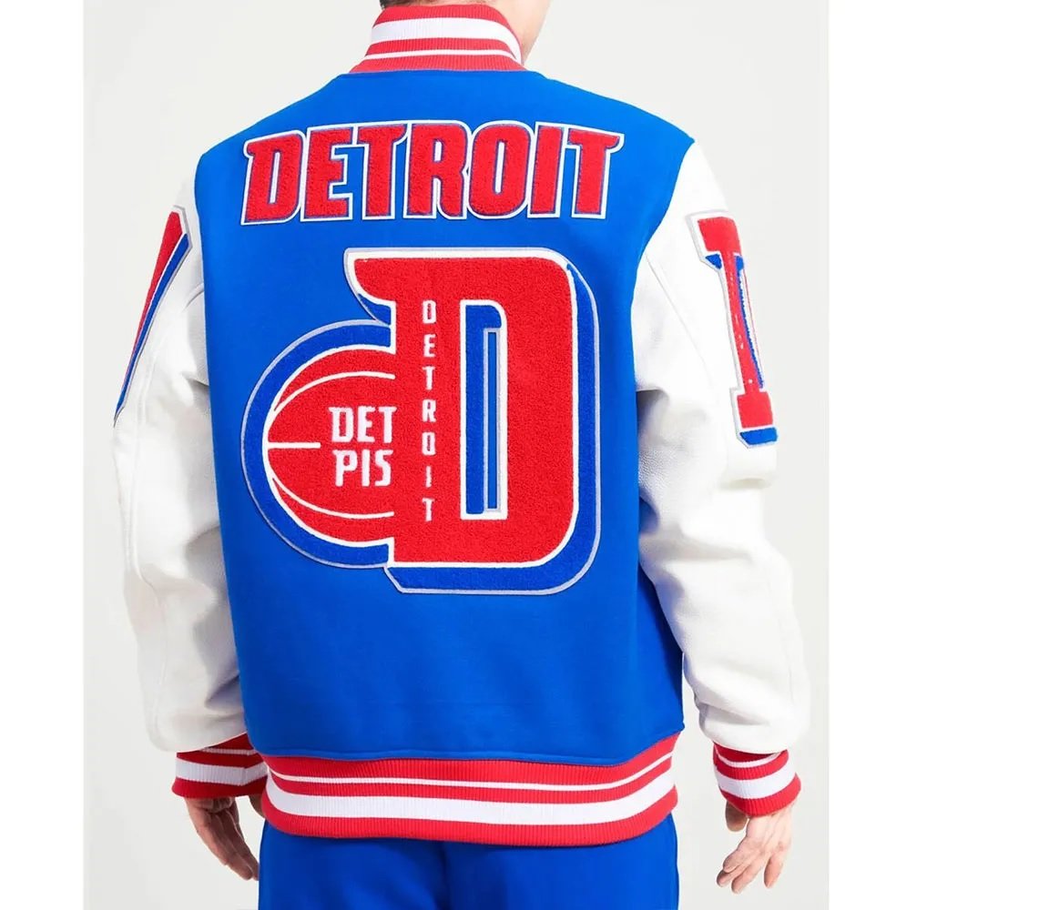 Detroit Pistons Mashup Varsity Royal and White Jacket This jacket showcases a harmonious fusion of premium quality, embroidered detailing, bold style