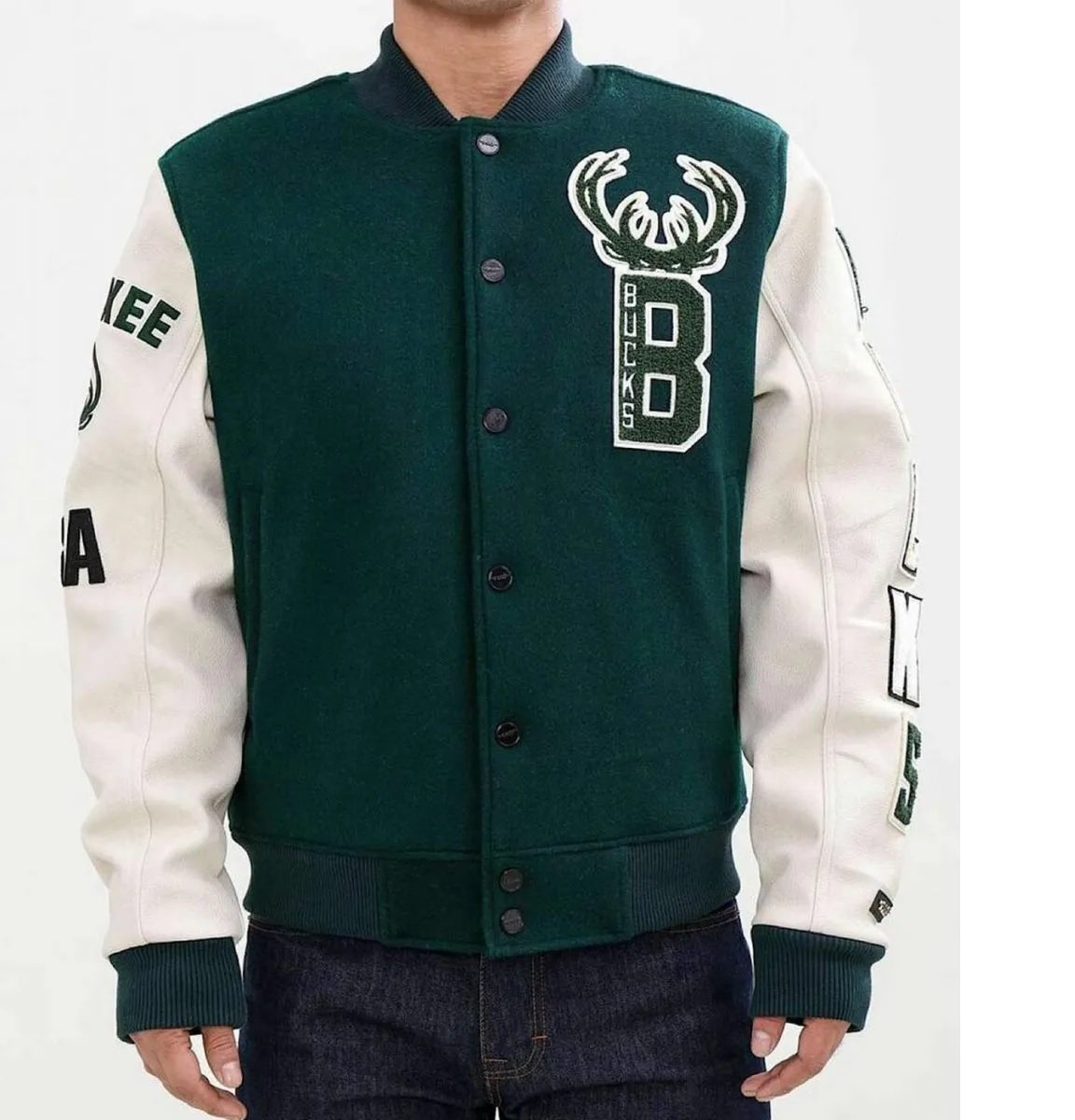 Letterman Milwaukee Bucks Green and White Jacket