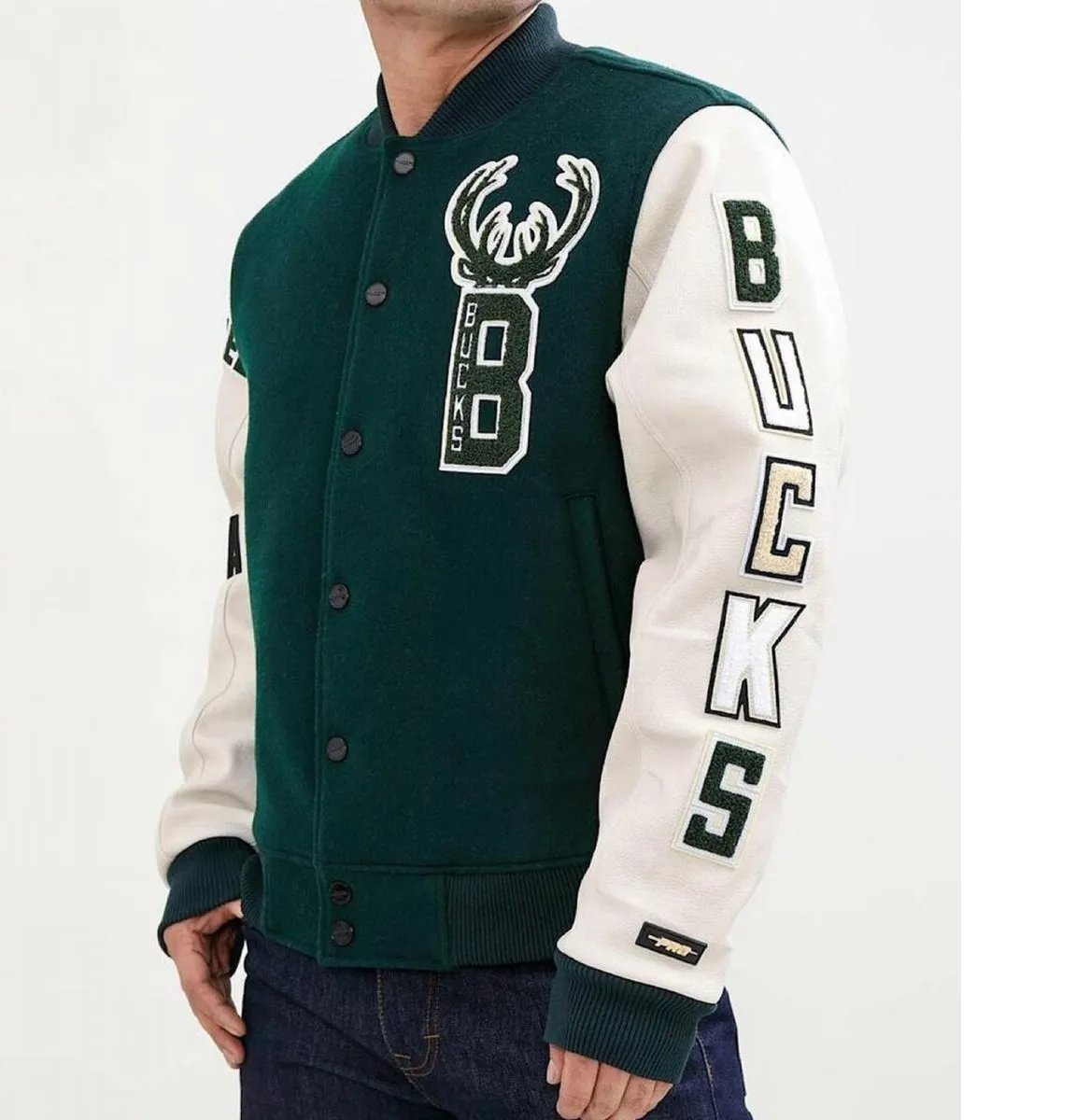 Letterman Milwaukee Bucks Green and White Jacket