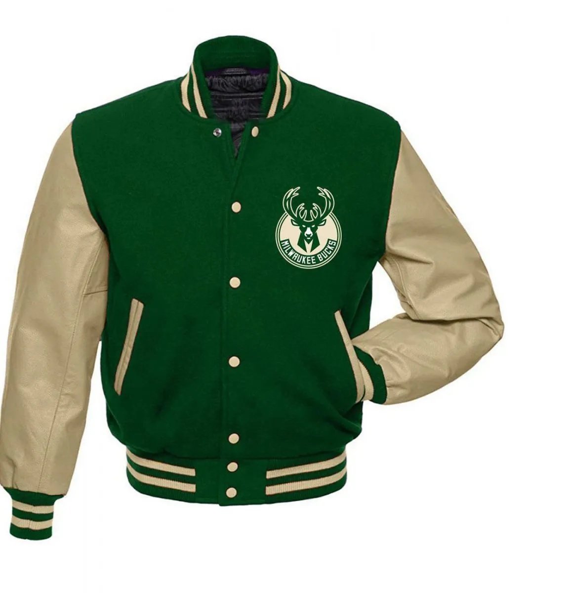 Milwaukee Bucks Letterman Beige and Green Jacket