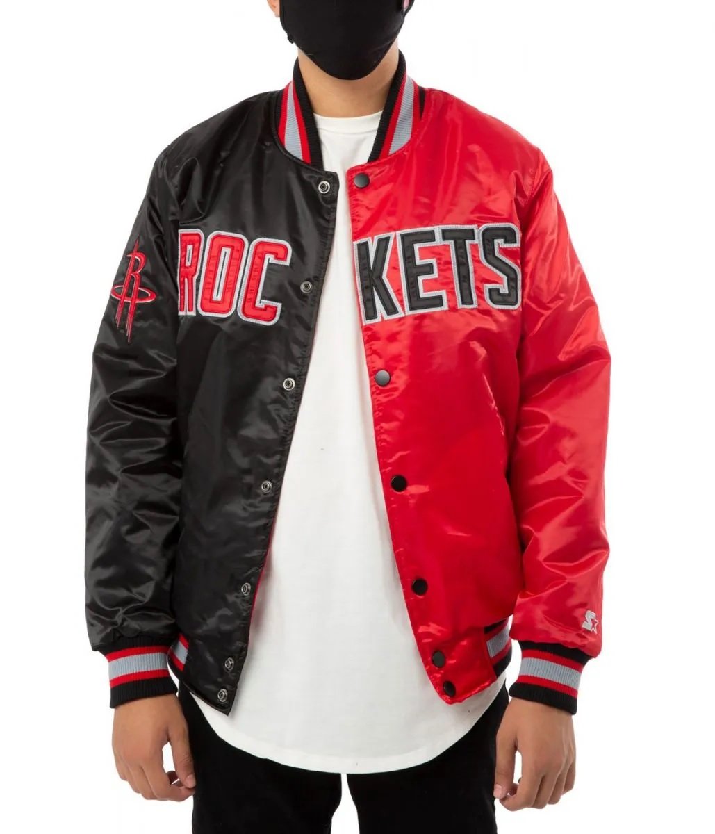 Starter Houston Rockets Satin Bomber Red and Black Jacket