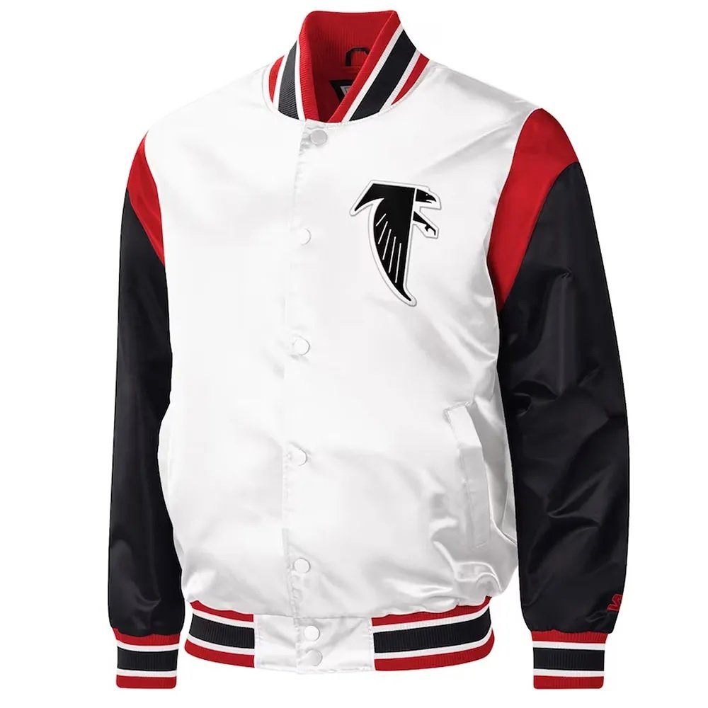 Atlanta Falcons Throwback Warm Up Pitch Varsity White Satin Jacket