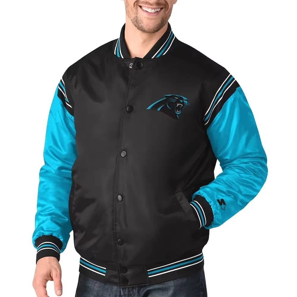 Carolina Panthers Enforcer Satin Blac Blue Varsity Jacket