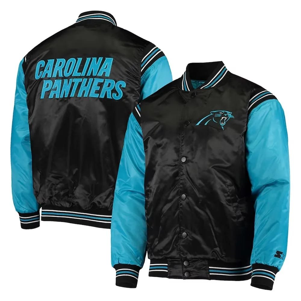Carolina Panthers Enforcer Satin Blac Blue Varsity Jacket