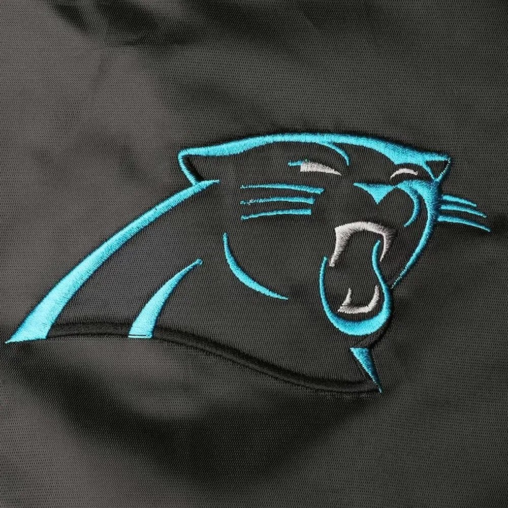 Carolina Panthers Enforcer Satin Blac Blue Varsity Jacket