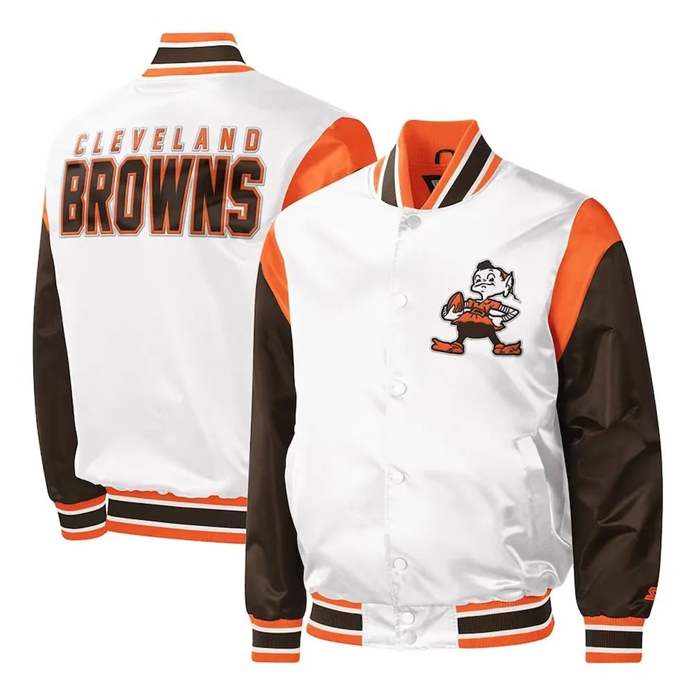 Cleveland Browns Throwback Pitch Varsity White and Brown Satin Jacket