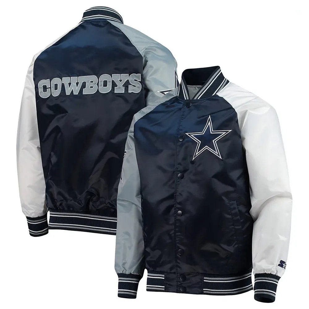 Dallas Cowboys The Reliever Navy and White Varsity Satin Jacket