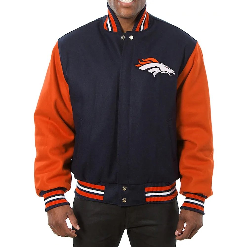 Denver Broncos Blue and Orange Varsity Orange Wool Jacket