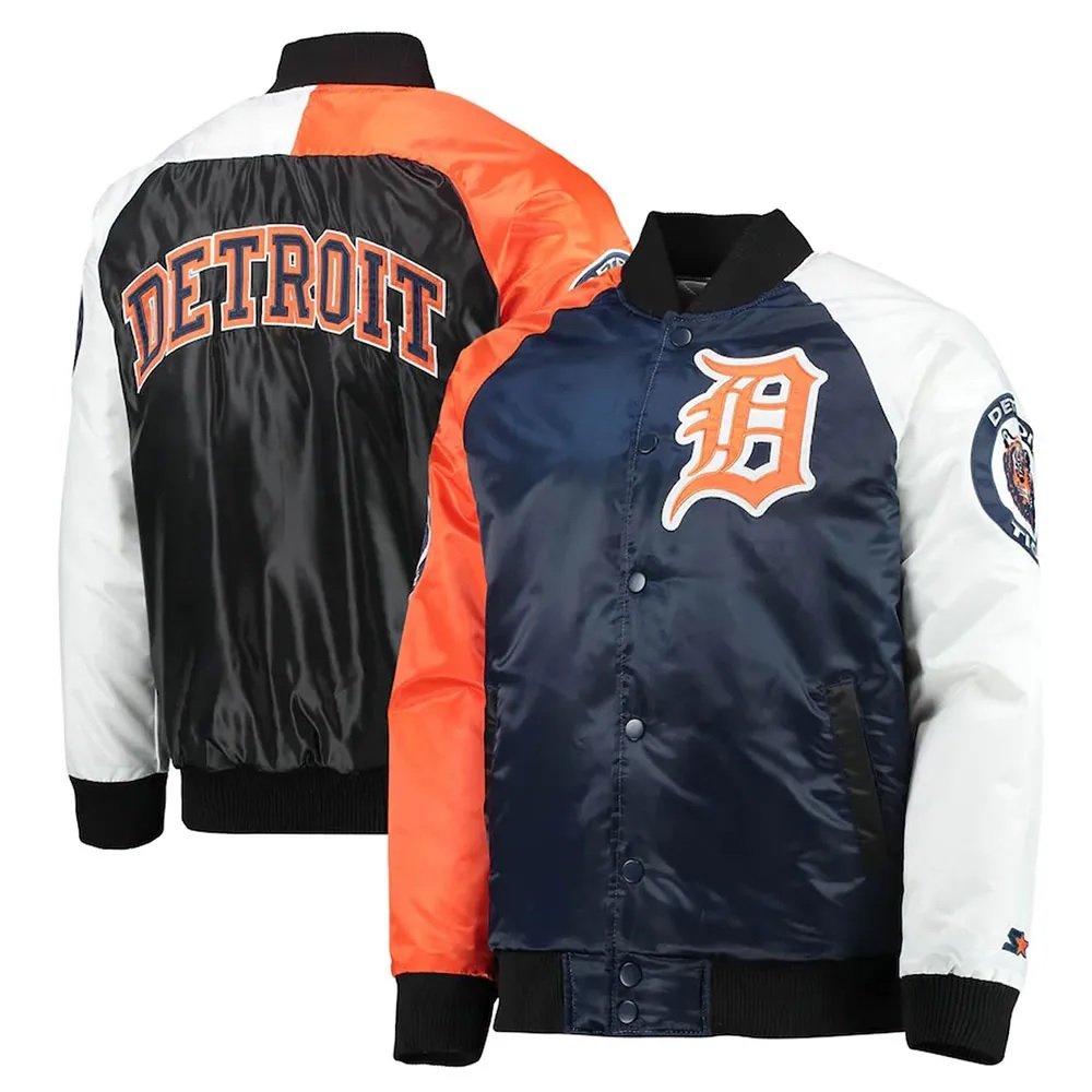 Detroit Tigers Tri-Color Navy Blue Orange Varsity Satin Jacket