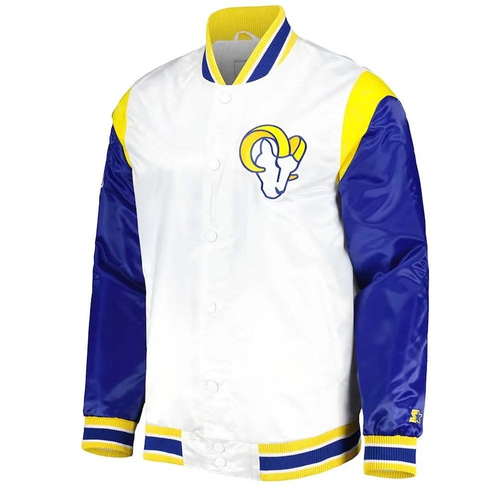 LA Rams Throwback Warm Up Pitch White Varsity Satin Jacket