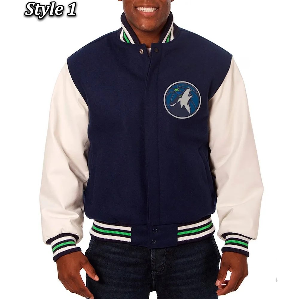 Minnesota Timberwolves Navy and White Varsity Wool & Leather Jacket