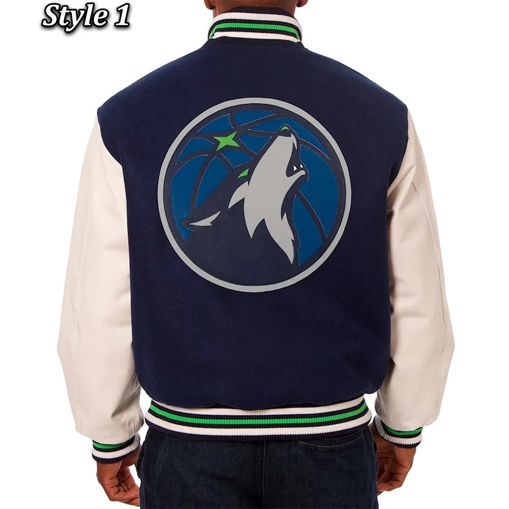 Minnesota Timberwolves Navy and White Varsity Wool & Leather Jacket