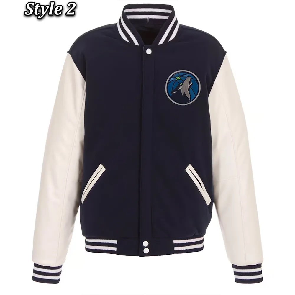 Minnesota Timberwolves Navy and White Varsity Wool & Leather Jacket