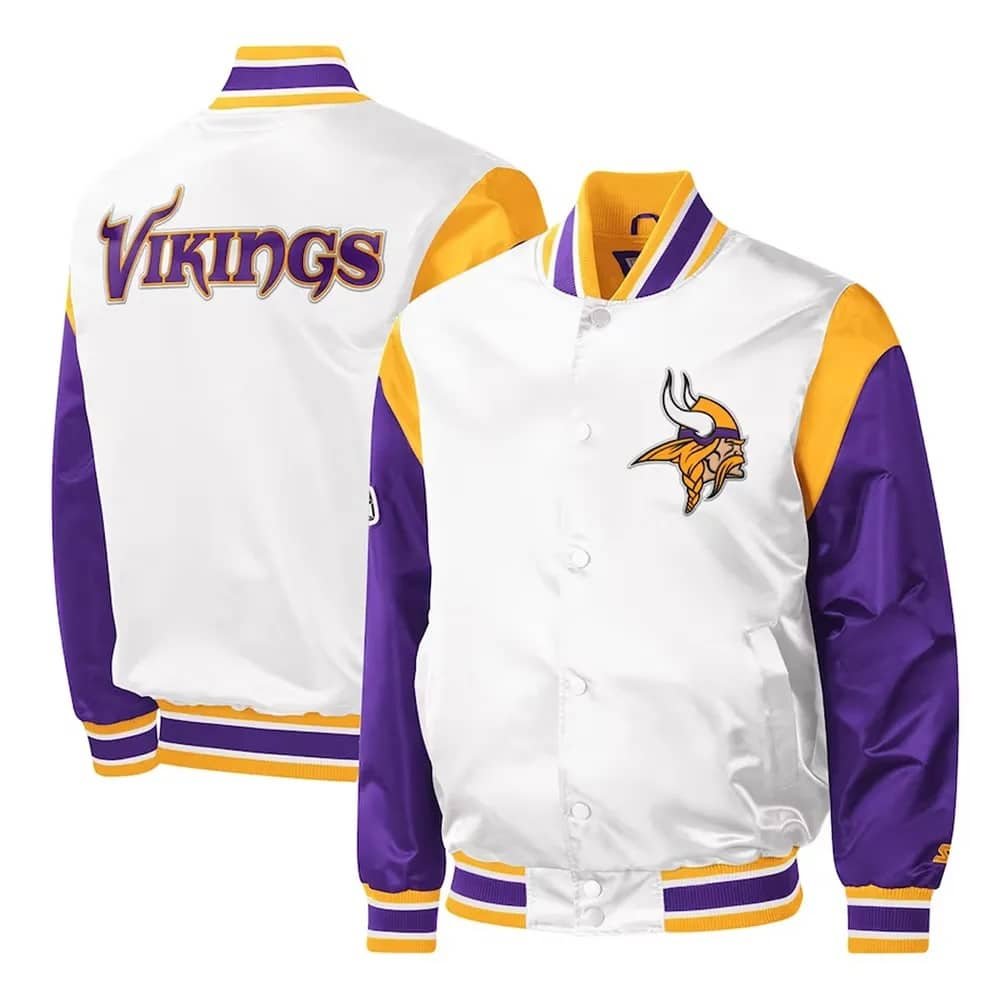 Minnesota Vikings Throwback Warm Up Pitch Varsity White Purple Satin Jacket