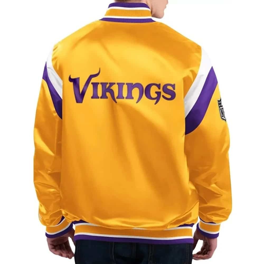 Minnesota Vikings Throwback Warm Up Pitch Varsity White Purple Satin Jacket