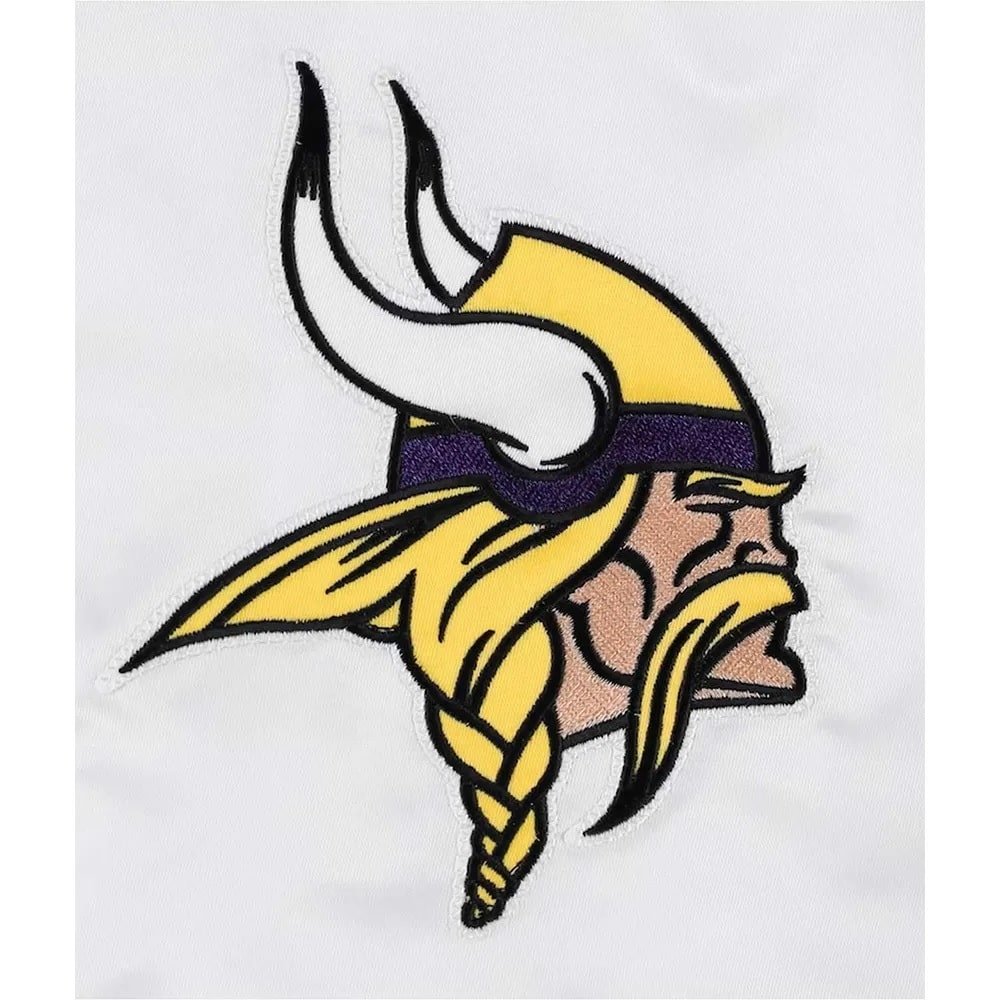 Minnesota Vikings Throwback Warm Up Pitch Varsity White Purple Satin Jacket