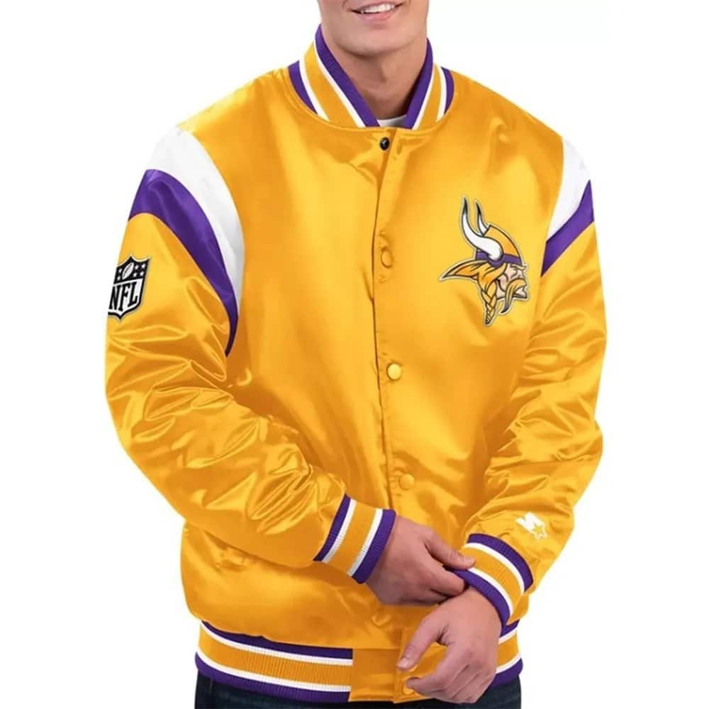 Minnesota Vikings Throwback Warm Up Pitch Varsity White Purple Satin Jacket
