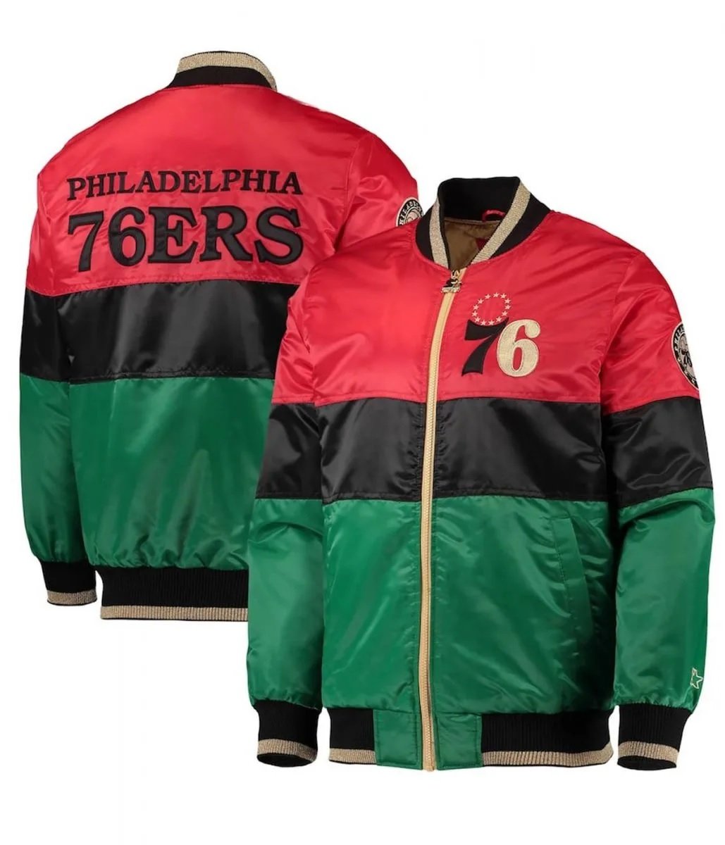 Philadelphia 76ers Red/Black/Green Satin Full-Zip Jacket