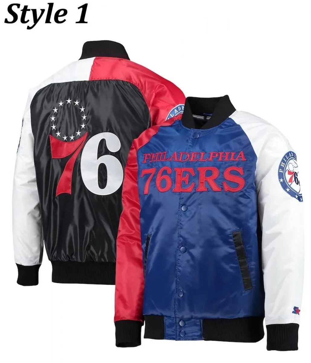 Philadelphia 76ers Red and Royal Blue Varsity Satin Jacket