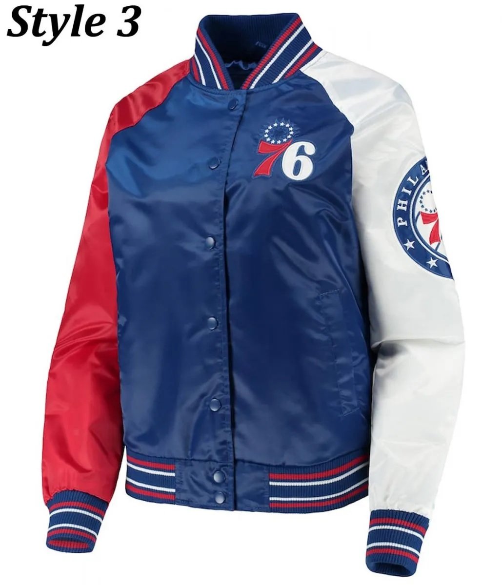 Philadelphia 76ers Red and Royal Blue Varsity Satin Jacket