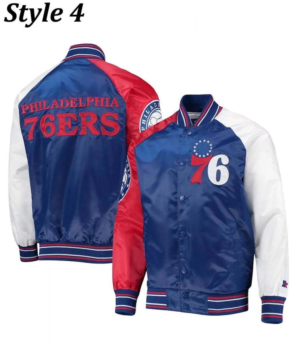 Philadelphia 76ers Red and Royal Blue Varsity Satin Jacket