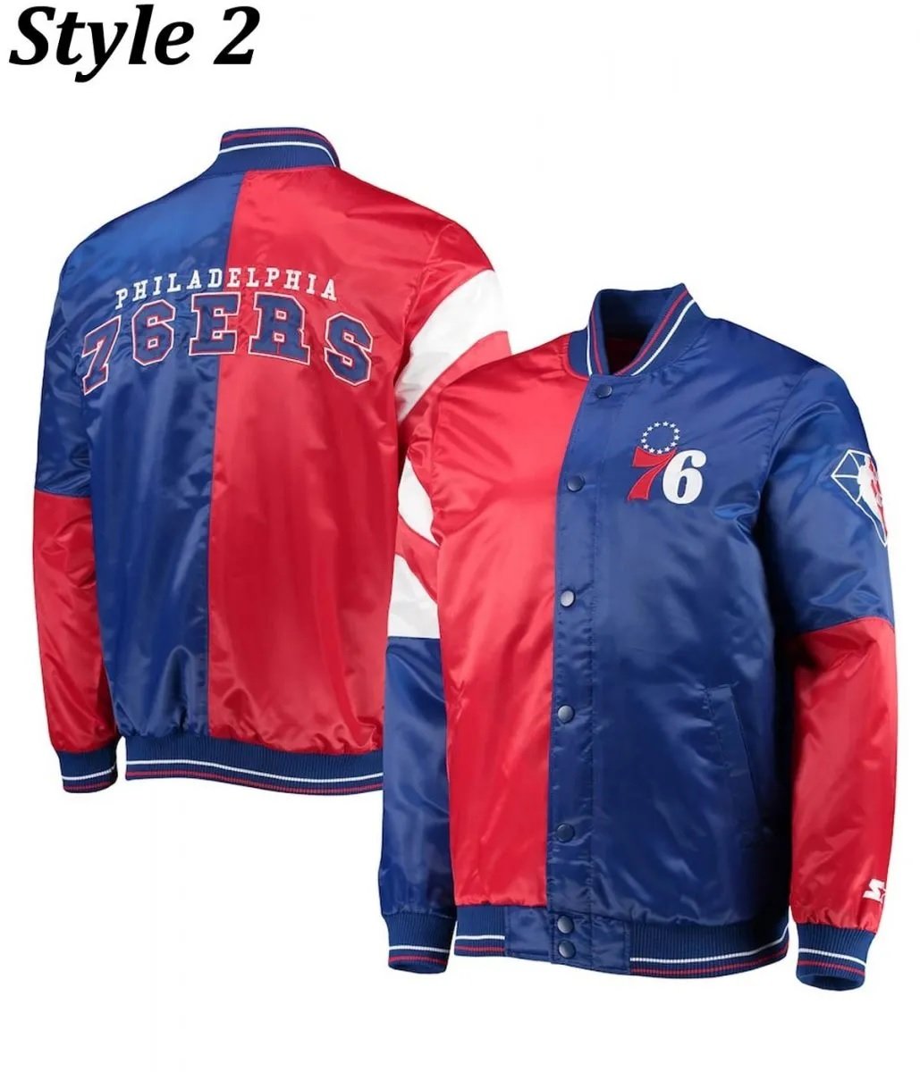 Philadelphia 76ers Red and Royal Blue Varsity Satin Jacket