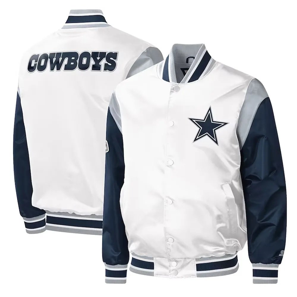 Warm-Up Pitch Dallas Cowboys White and Blue Varsity Satin Jacket