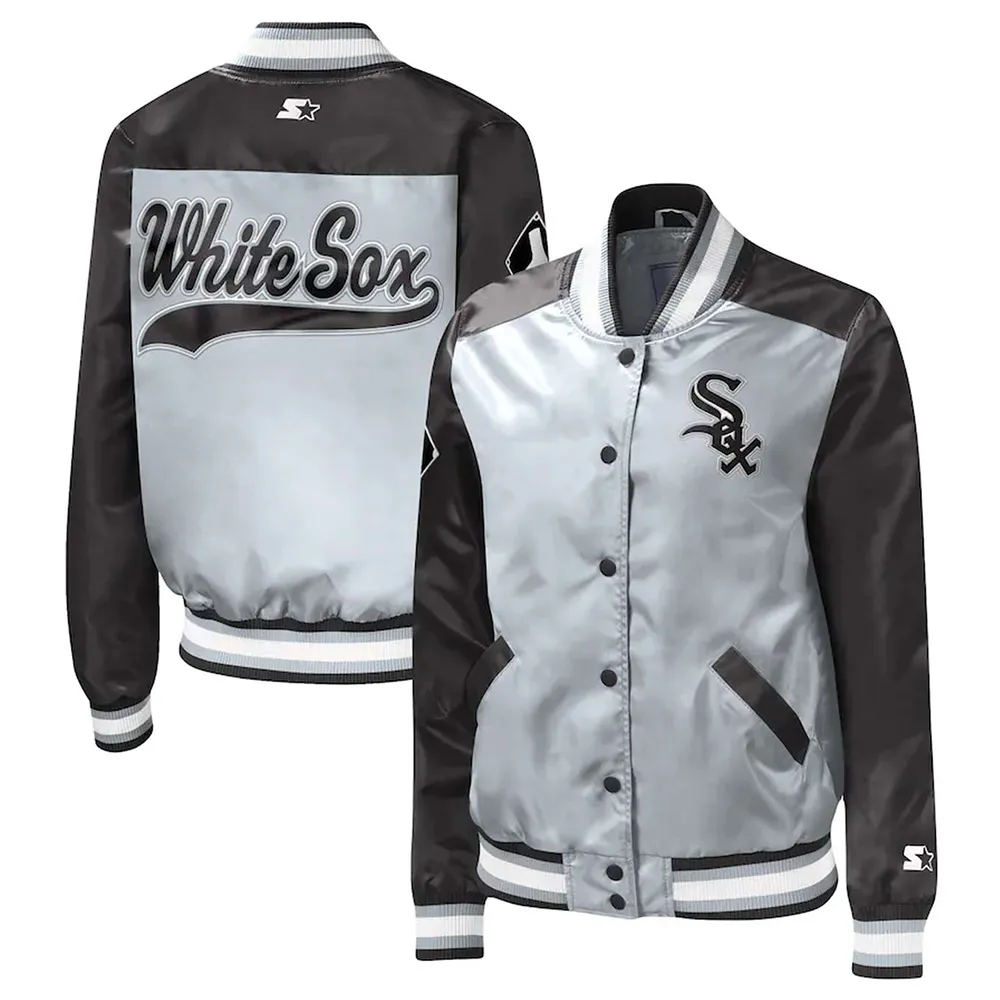Product Specification: Inspired By: An American baseball team Chicago White Sox Worn By: Players of the team Material: Satin Internal: Viscos Inner Lining Collar: Shirt Style collar Front: Branded YKK Zipper Front Closure Sleeves: Long Sleeves Cuffs: Rib Knitted cuffs Pockets: Two inner and two side Pockets Color: Black and Silver